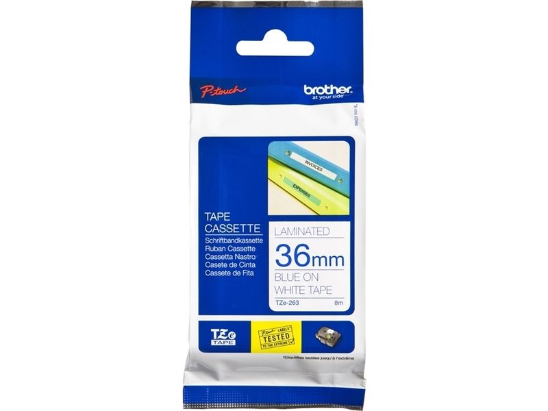 Brother TZe-263 - Bleu sur blanc - Rouleau (3,6 cm x 8 m) 1 cassette(s) ruban laminé - pour Brother PT-H110; P-Touch PT-3600, 550, 9200, 9400, 9500, 9600, 9800, D800