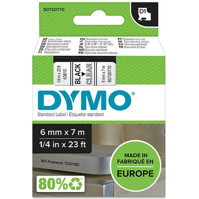 Dymo 43610 (S0720770) - (6 mm) - Noir sur transparent - Ruban