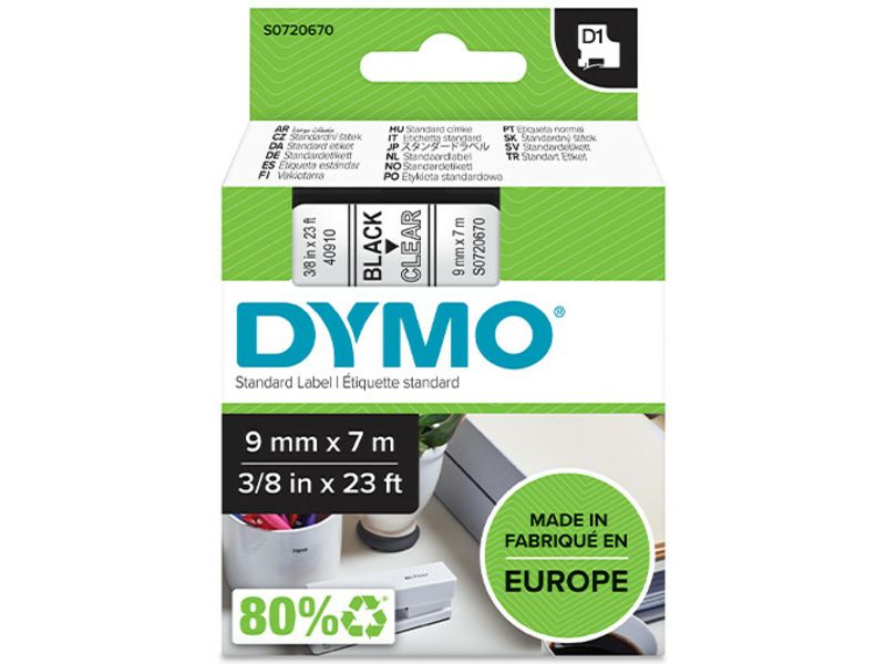Dymo 40910 (S0720670) Tape Zwart op transparant (9 mm)