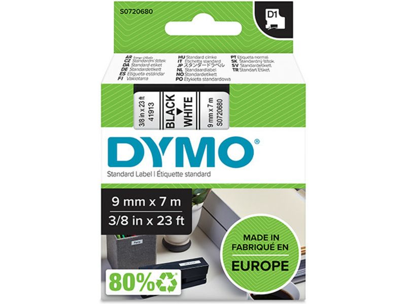 Dymo 40913 (S0720680) Tape Zwart op wit (9 mm)