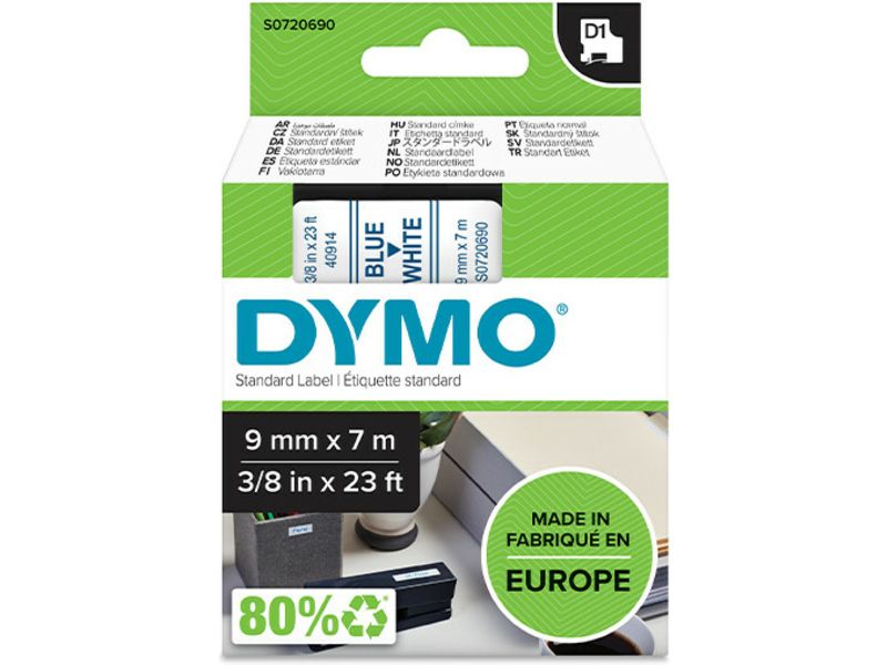 Dymo 40914 (S0720690) Tape Blauw op wit (9 mm)