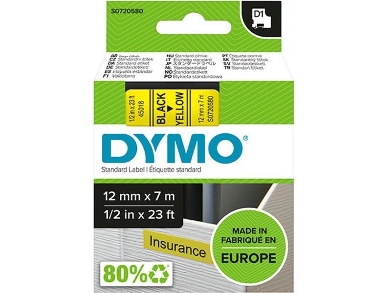 Dymo 45018 (S0720580) Tape Zwart op geel (12 mm)
