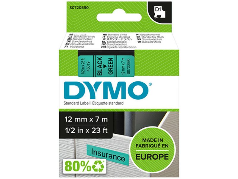 Dymo 45019 (S0720590) Tape Zwart op groen (12 mm)