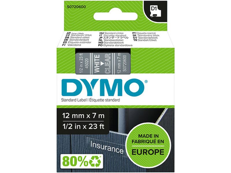 Dymo 45020 (S0720600) Tape Wit op transparant (12 mm)