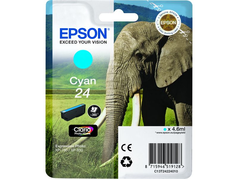 Epson 24 - 4.6 ml - cyan - original - blister - cartouche d'encre - pour Expression Photo XP-55, 750, 760, 850, 860, 950, 960; Expression Premium XP-750, 850