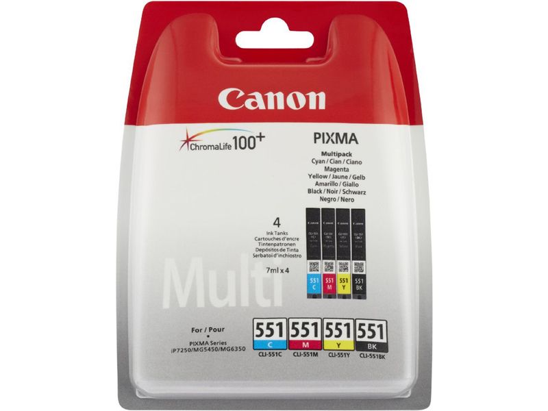 Canon CLI-551 C/M/Y/BK Multipack - Pack de 4 - noir, jaune, cyan, magenta - original - réservoir d'encre - pour PIXMA iP8750, iX6850, MG5550, MG5650, MG5655, MG6450, MG6650, MG7150, MG7550, MX725, MX925