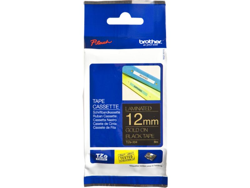 Brother TZe-334 Tape Goud op zwart (12 mm)