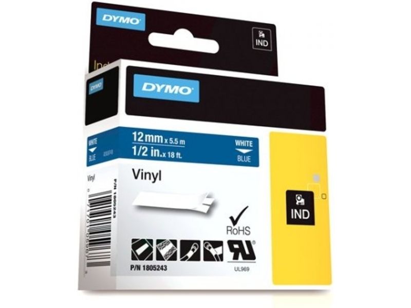 DYMO Rhino Coloured Vinyl - Bande vinyle - blanc sur bleu - Rouleau (1,2 cm x 5,5 m) 1 rouleau(x) - pour DYMO ILP219; Rhino 1000, 4200, 5000, 5200, 6000; RhinoPRO 1000, 3000, 5000, 6000, 6500