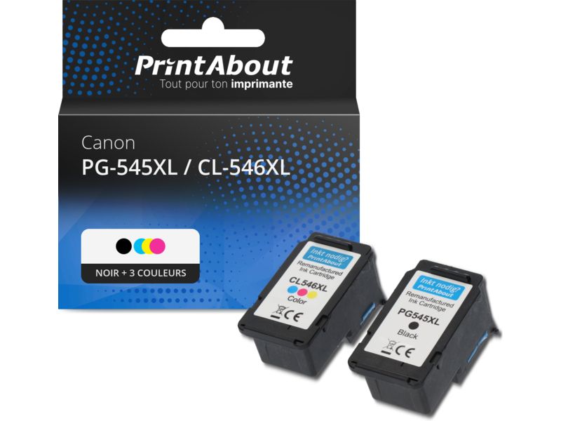 Cartouche compatible Canon PG-545XL / CL-546XL - Noir + 3 couleurs - Grande capacité - Multipack