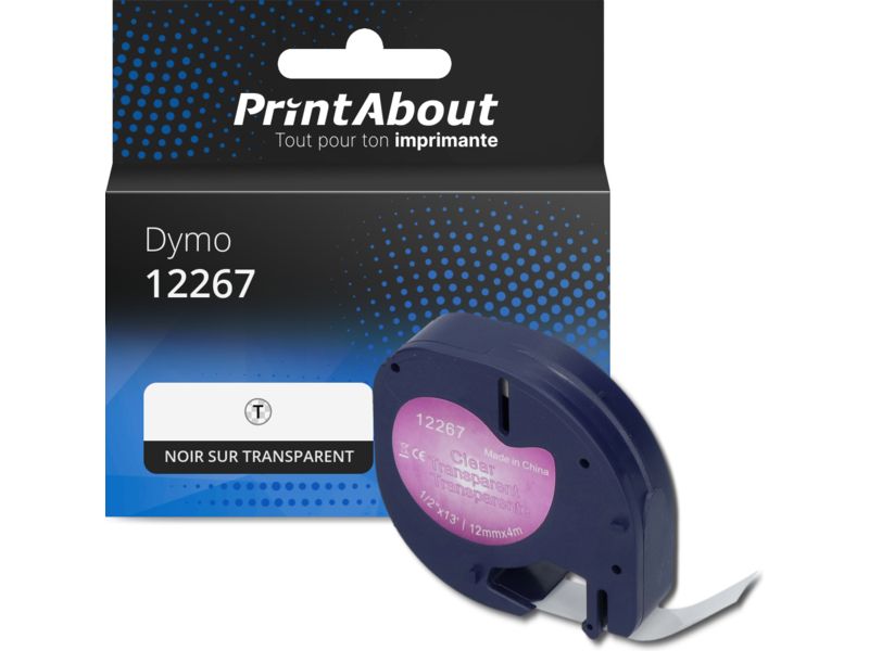 Ruban compatible Dymo 12267 (S0721530) - (12 mm) - Noir sur transparent