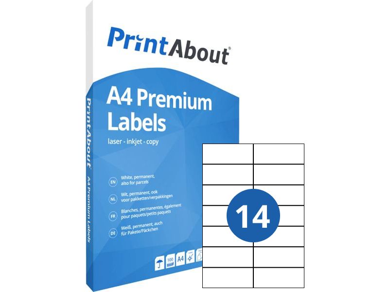 PrintAbout Premium A4 stickervel 14 per vel (105mm x 42,3mm)