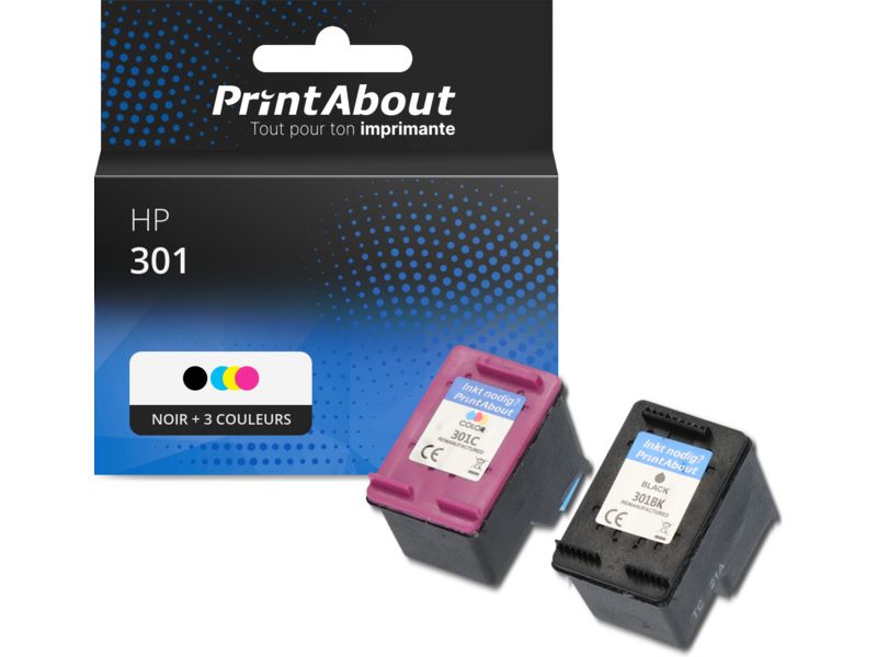 Cartouche compatible HP 301 (N9J72AE) - Noir + 3 couleurs - Multipack