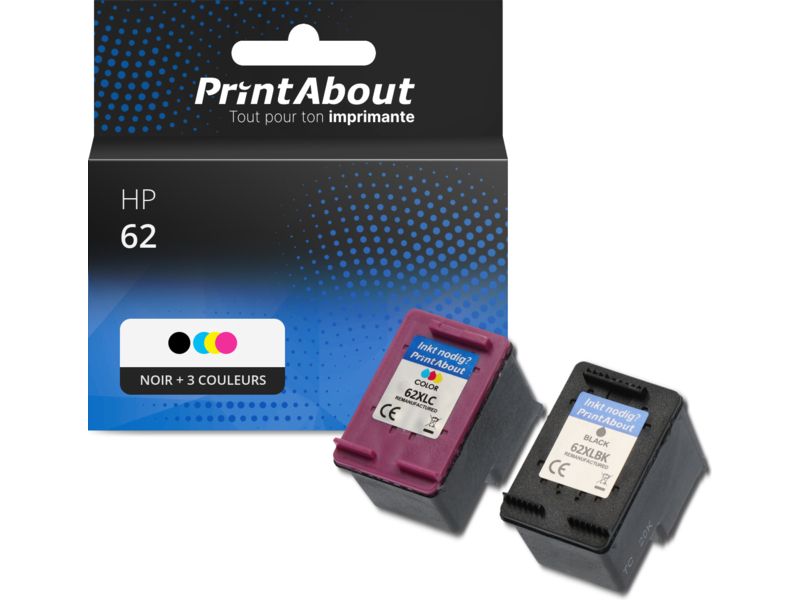 Cartouche compatible HP 62 (N9J71AE) - Noir + 3 couleurs - Multipack