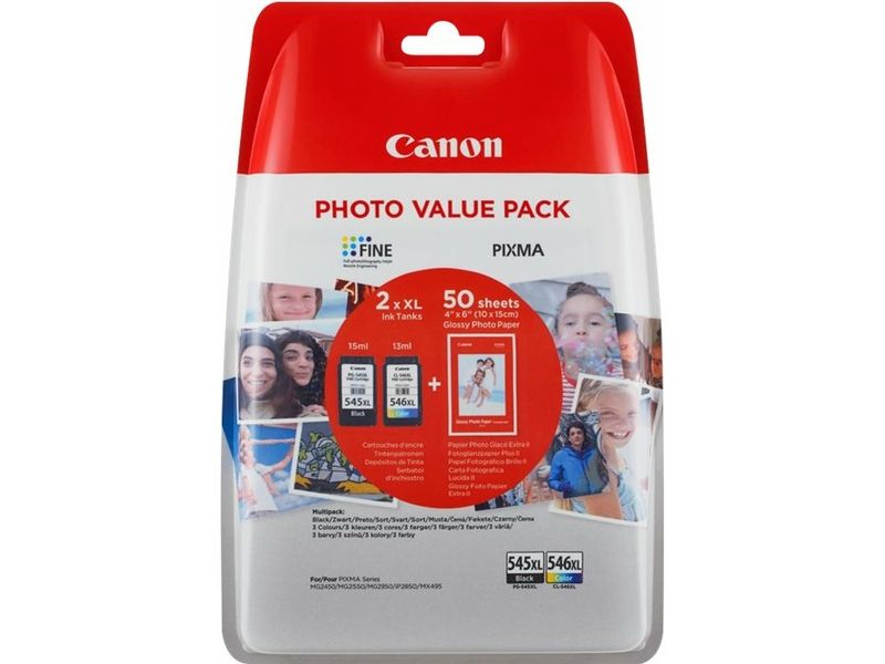 Canon PG-545XL / CL-546XL + 50 sheets Inktcartridge Zwart + 3 kleuren Multipack Hoge capaciteit