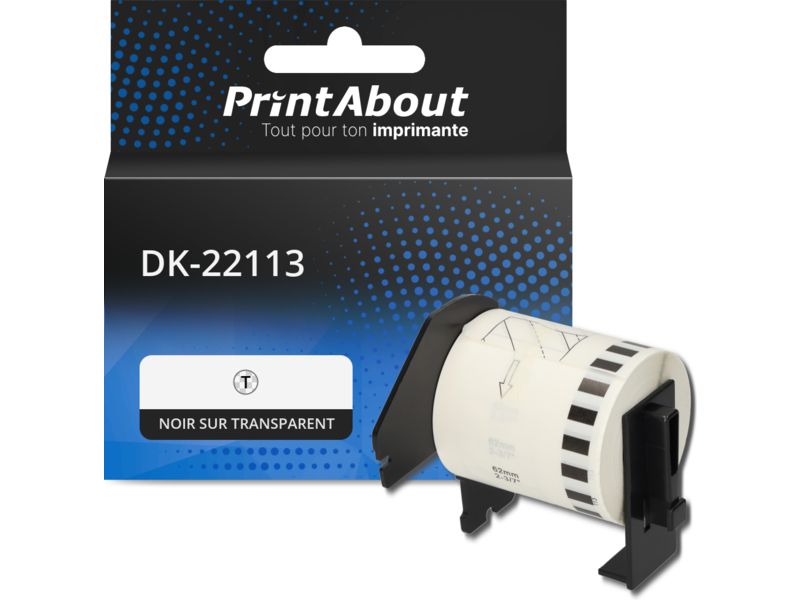 Étiquette compatible Brother DK-22113 - (62 mm) - Noir sur transparent