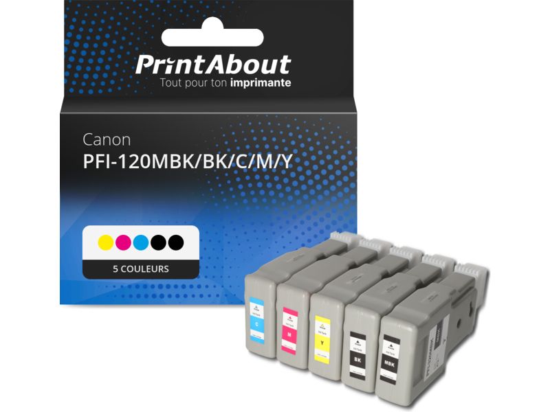 Cartouche compatible Canon PFI-120MBK/BK/C/M/Y - 5 couleurs - Multipack