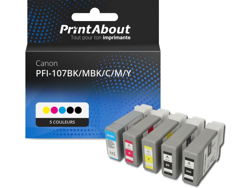 Cartouche compatible Canon PFI-107BK/MBK/C/M/Y - 5 couleurs - Multipack