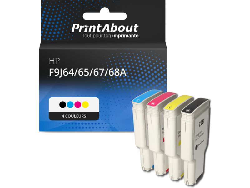 Cartouche compatible HP F9J64/65/67/68A (728) - 4 couleurs - Grande capacité - Multipack