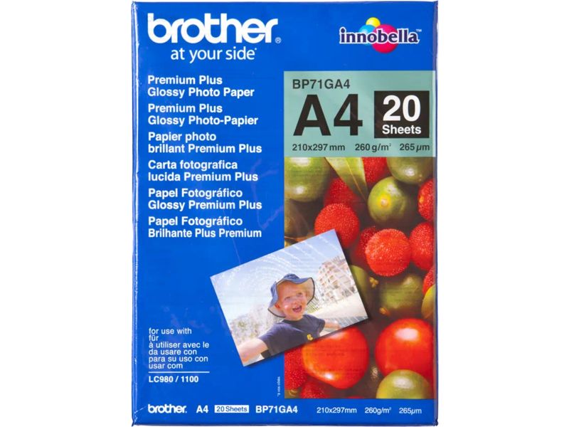 Brother Innobella Premium Plus BP71GA4 - Brillant - A4 (210 x 297 mm) - 260 g/m² - 20 feuille(s) papier photo - pour Brother DCP-J1140, J1200, J1800, J4140, J926, J981, MFC-J2340, J3540, J3940, J5340, J739