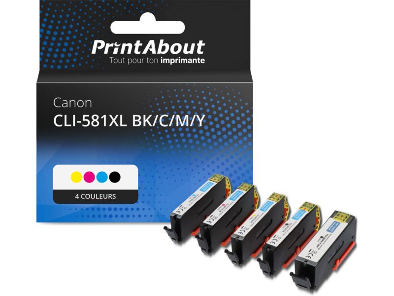 Cartouche compatible Canon CLI-581XL BK/C/M/Y - 4 couleurs - Grande capacité - Multipack