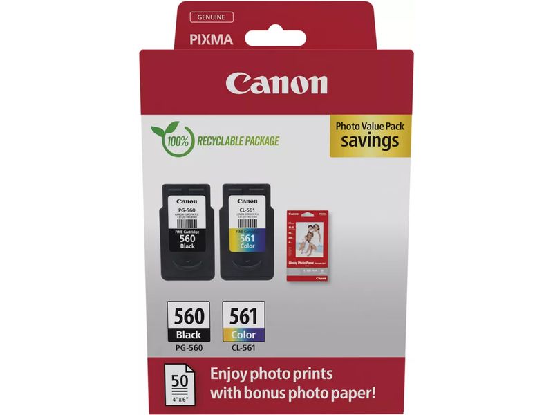 Canon PG-560 + CL-561 photo value pack (PG-560 / CL-561) Inktcartridge Zwart + 3 kleuren Multipack
