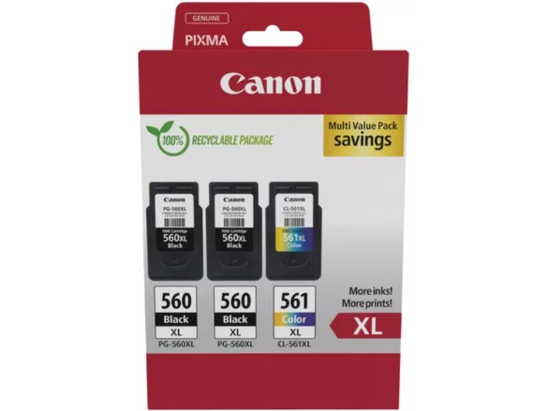 Canon PG-560XL + PG-560XL + PG-561XL Multipack Inktcartridge Zwart + 3 kleuren Multipack