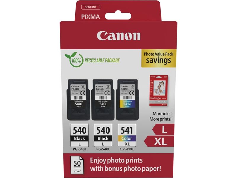 Canon PG-540L + PG-540L + CL 541XL photo value pack Inktcartridge Zwart + 3 kleuren Multipack