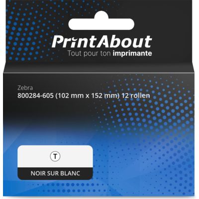 Articles ménagers Zebra 800284-605 (Z-Perform 1000D) Étiquette Noir sur blanc (102 mm x 152 mm) 12 rouleaux