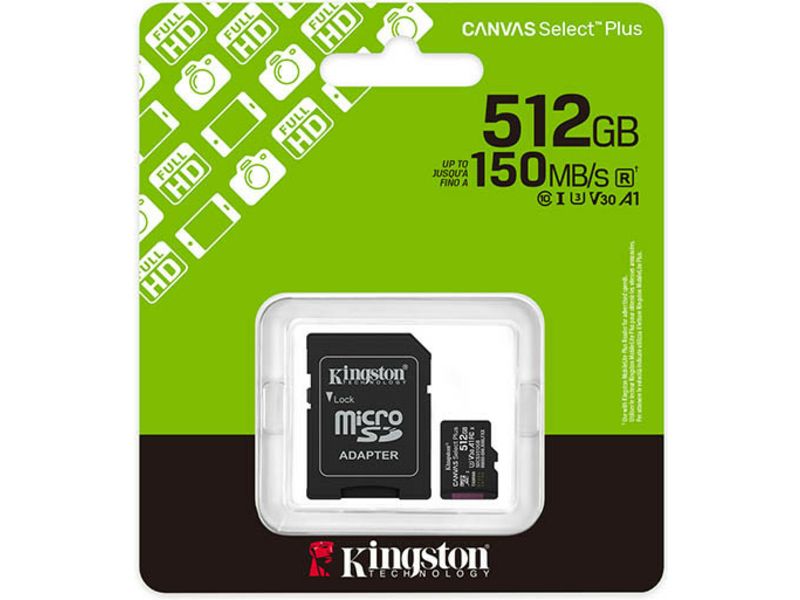 Kingston 512GB microSDXC Canvas Select Plus Gen3 150MB/s A1 Card + Adapter SD-kaart